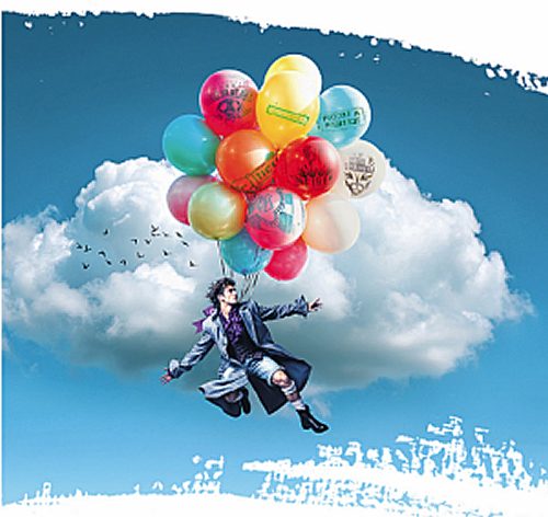 Candide LG June 25 Man flying in sky with balloons